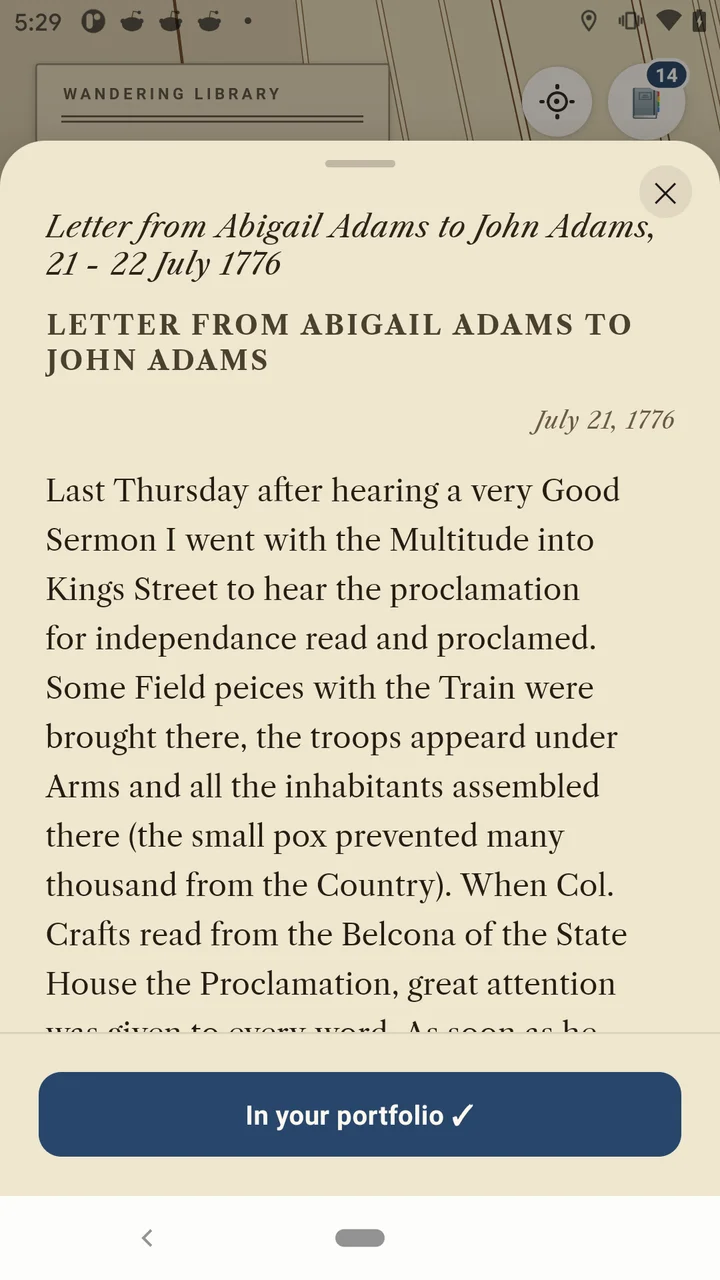 Letter from Abigail Adams to John Adams, 21 July 1776, describing the proclamation for independence read from the balcony of the Old State House.