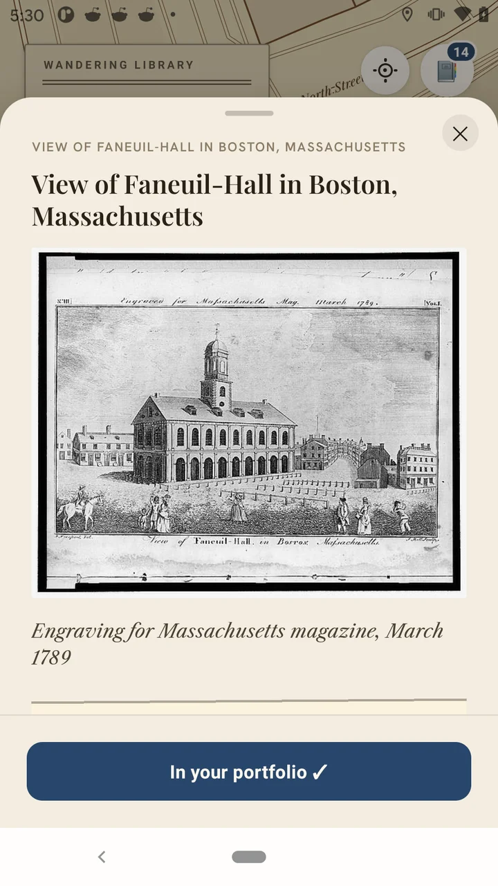 View of Faneuil-Hall in Boston, Massachusetts, an engraving for the Massachusetts Magazine, March 1789.