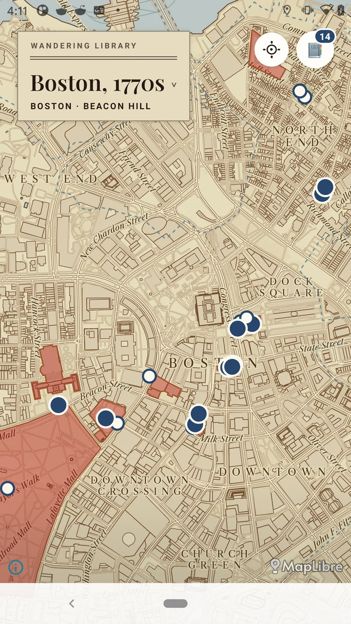 The Boston, 1770s edition map open in the app: a copperplate-style map of downtown Boston in iron-gall brown ink with key buildings outlined in red. Pins are shown through Dock Square and the North End.