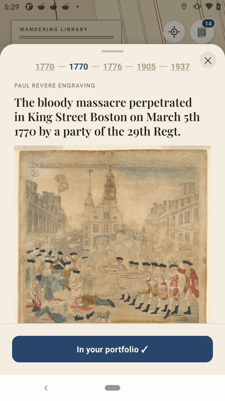 The 1770 Boston Gazette account of the Massacre, open in the app's reading sheet.