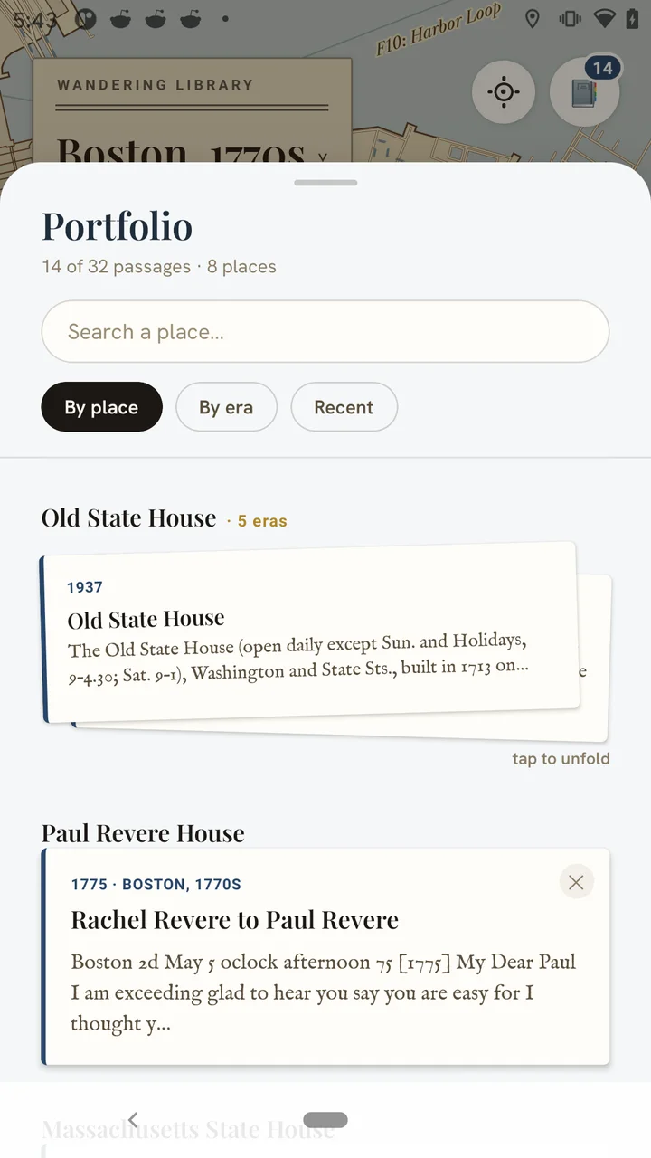 The Portfolio, organised by place: the Old State House holds five collected eras, Paul Revere House one, each place expandable to the passages gathered there.
