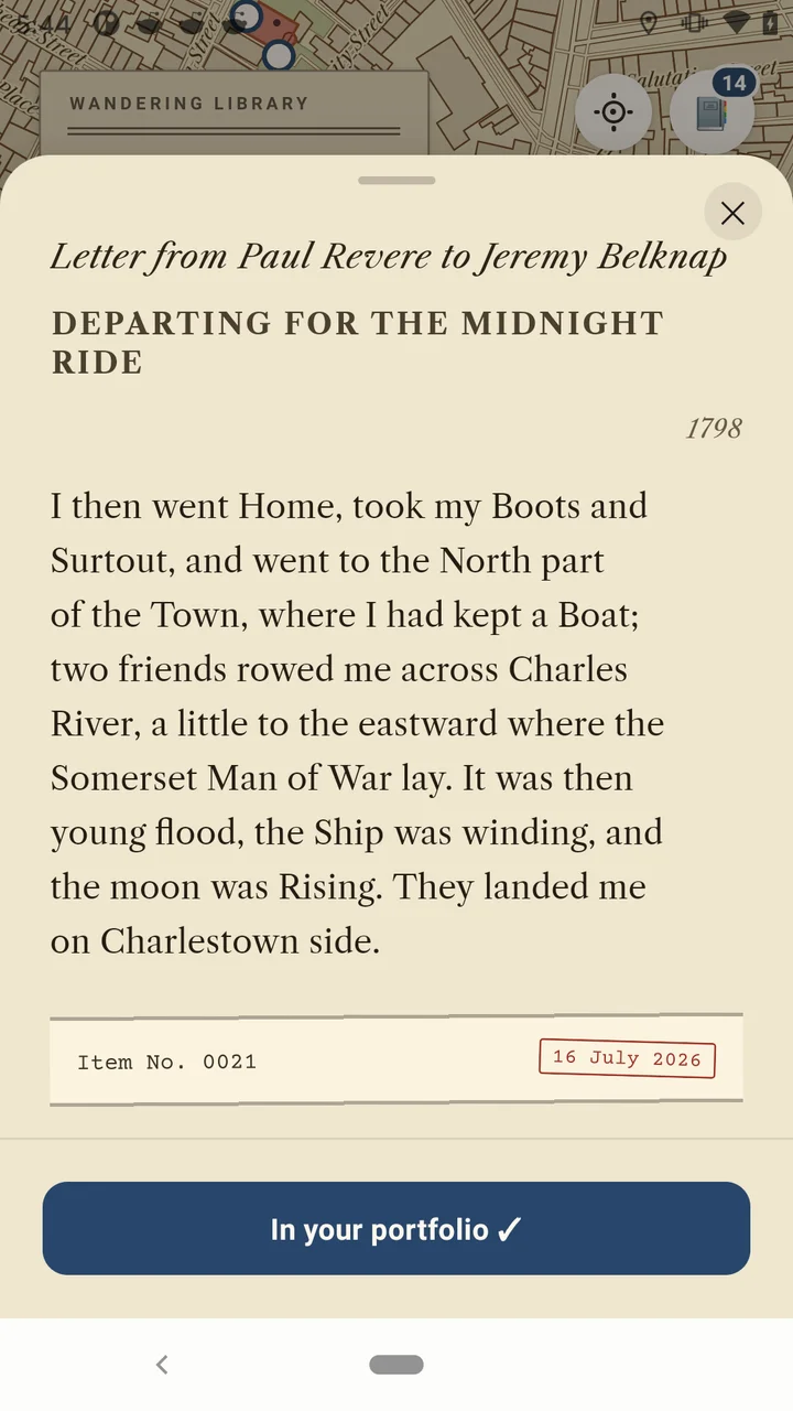 Letter from Paul Revere to Jeremy Belknap describing his departure for the midnight ride, with the app's accession slip recording the date the passage was collected.